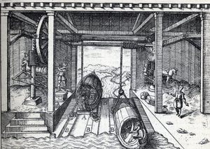 Piano inclinato per barche nel XVI secolo sulle lagune del Brenta (fiume) nel nord Italia. Incisione in "La Nature" da Unknown artist