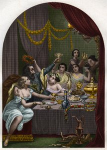 Papa Alessandro VI (1431-1503) (Alessandro, Rodrigo Borgia) celebra il matrimonio di sua figlia Lucrezia Borgia con 50 cortigiane in Vaticano. Incisione del 1842 in "Histoire des popes: crimes, murders, poisonings, parricides" da Unknown artist