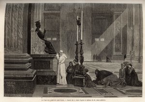 Papa Pio IX (1792-1878) raccolto ai piedi della statua di San Pietro, all