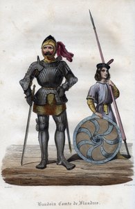 Ritratto di Baldovino I, Conte delle Fiandre (830-879), noto anche come Baldovino Braccio di Ferro. Incisione del 1842 in "Histoire des papes" di Maurice Lachatre. Collezione privata. da Unknown artist