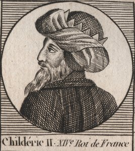 Ritratto di Childerico II, Re dei Franchi dal 670 al 673 - CHILDERICO II 655-675 Re merovingio di Francia e Austrasia - incisione da 