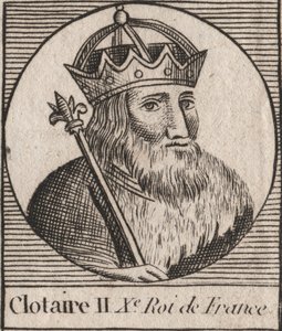 Ritratto di Clotario II (584 - 628), re di Neustria e re dei Franchi - Clotario o Clotario II (m. 629) re dei Franchi - incisione da 