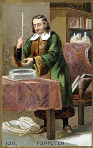 Ritratto di Evangelista Torricelli o Toricelli (1608 - 1647), fisico italiano con la sua invenzione il barometro (tubo di mercurio). Cromolitografia del XIX secolo da Unknown artist