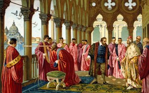 Ritratto di Galileo Galilei detto Galileo (1564 - 1642) presenta il cannocchiale al Doge nel suo Palazzo Ducale a Venezia da Unknown artist