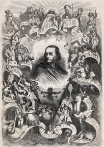 Ritratto di Jacques Offenbach (1819-1880), compositore francese e direttore del teatro des Bouffes Parisiens, circondato dai personaggi delle sue opere - Incisione in 