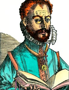 Ritratto di Orlandus Lassus (1531-1594) musicista della scuola franco-belga con un libro aperto (pagine bianche). Incisione del XVI secolo