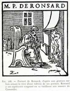 Ritratto di Pierre de Ronsard anziano che pensa agli amori di Cassandra - incisione su legno