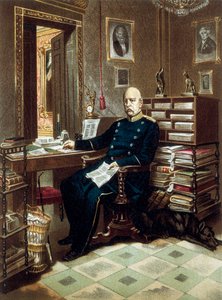 Ritratto del principe Otto von Bismarck (1815-1898), cancelliere e politico prussiano, nel suo ufficio. Litografia a colori da Unknown artist