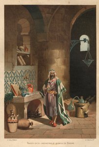 Ritratto di Rhases (Rhazes, Razi, Al-Razi, Razis, o Rases) (840-923) scienziato persiano) nel suo laboratorio a Baghdad. Barcellona 1881