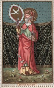 Ritratto di San Remigio (437-533) visitato dalla colomba dello Spirito Santo. Cromolitografia della fine del XIX secolo da Unknown artist