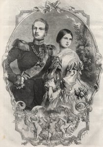 Ritratto delle loro altezze reali la principessa Vittoria (1840-1901) (regina Vittoria) e il principe ereditario Federico Guglielmo di Prussia (1831-1888). Incisione del 1858. da Unknown artist