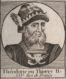 Ritratto di Teodorico II (587-613) Re dei Franchi di Austrasia e Borgogna dal 595 al 613 - Teodorico II re di Borgogna e Austrasia - incisione da "Istruzione sulla Storia di Francia" di Charles Constant Le Tellier 1821