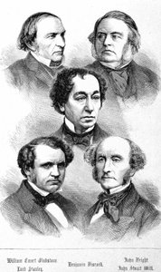 Ritratto di William Ewart Gladstone, John Bright, Lord Stanley, John Stuart Mill e Benjamin Disraeli - in "I Contemporanei", fine XIX secolo