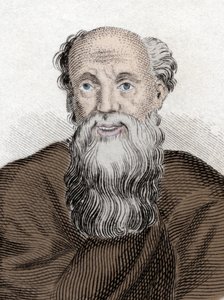 Ritratto del filosofo greco Democrito (460-370 a.C.), Democrito di Abdera. Incisione del XIX secolo