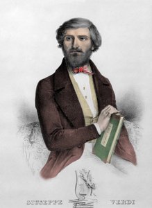 Ritratto del compositore italiano Giuseppe Verdi (1813 - 1901) con la partitura de 