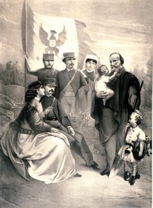 Ritratto del patriota italiano e eroe del Risorgimento Giuseppe Garibaldi (1807-1882) con i suoi figli Menotti, Ricciotti in piedi e Teresita, Francesca Armosino e i piccoli Manlio e Clelia. Illustrazione intorno al 1870. Collezione privata da Unknown artist