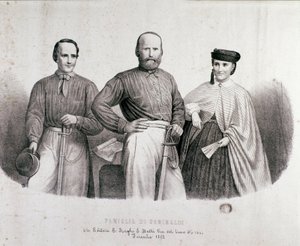 Ritratto del patriota e eroe del Risorgimento Giuseppe Garibaldi (1807-1882) tra Teresita, sua figlia e sua moglie Stefano Canzio. Litografia del 1862. Collezione privata da Unknown artist