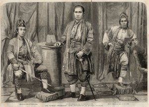 Ritratti degli ambasciatori del Siam che vennero in Inghilterra nel 1857. Da sinistra a destra: Cha mun Mondr Bidacks, rappresentante del secondo re del Siam, Phya Mantri Suriyawanse e Chau Mun Sarbbedh Bhacty, ambasciatori del primo re. Incisione in 