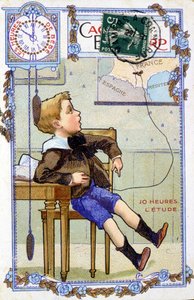Cartolina che mostra il corso della giornata di un bambino. Alle 10:00, il bambino è a scuola. da Unknown artist