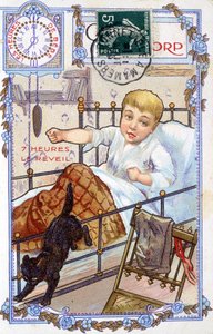 Cartolina che mostra il corso della giornata di un bambino. Alle 7, il bambino si sveglia da Unknown artist