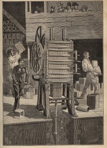 Ceramica: stampaggio meccanico di parti cave. Incisione del 1885 in "Les arts et metiers illustres" di Adolphe Bitard