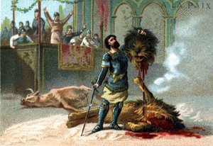 Pipino il Breve (715-768), Re dei Franchi, combatte un leone e un toro durante le feste per celebrare la sua incoronazione nel 751.