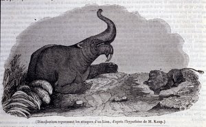 Preistoria: rappresentazione di un Dinotherium, tipo di pachiderma, che respinge l