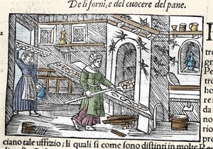 Preparazione e cottura del pane in un forno. Incisione di Olaus Magnus, religioso e geografo svedese, “Historia de Gentis Septentrionalibus”, Venezia da Unknown artist
