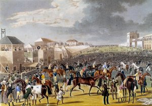Preparativi per una corsa a Epsom (Epsom Oaks: corsa di cavalli inglese). Incisione del XIX secolo da Unknown artist