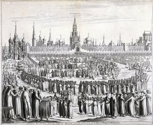 Processione dei Fiori di Pasqua davanti alla Porta del Santo Salvatore e al Cremlino a Mosca. Incisione del XIX secolo da Unknown artist