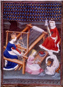 Regina Tanaquil, moglie del re romano Tarquinio il Vecchio, che tesse. Miniatura tratta da "De mulieribus claris" di Giovanni Boccaccio da Unknown artist