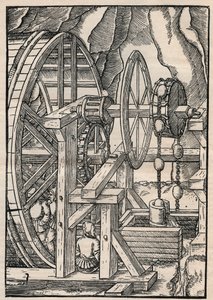 Pompa a catena e secchio per drenare una miniera azionata da uomini su una ruota. Da Agricola (George Bauer) De re metallica, Basilea da Unknown artist