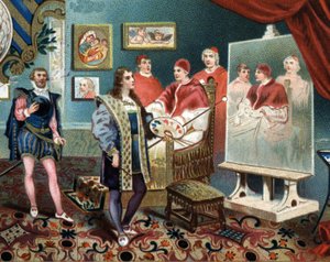 Raffaello (Raffaello Sanzio) che lavora al ritratto di Papa Leone X circondato dai cardinali Giulio de