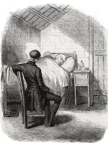 Rastignac rimase solo vicino al vecchio, seduto ai piedi del letto... Incisione della metà del XIX secolo. Illustrazione per "Il padre Goriot" di Honoré de Balzac (1799-1850). da Unknown artist