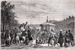 Lettura delle sentenze pubblicate sul giornale Moniteur nei giardini del Palazzo Reale a Parigi il 26 luglio 1830 durante la guerra civile - Rivoluzione del 1830 - Lettura delle prescrizioni nel Moniteur, al giardino del Palais-Royal, il 26 luglio 1830 all da Unknown