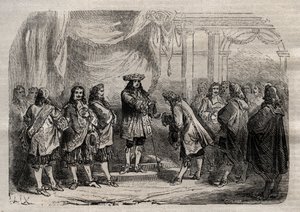 René Duguay Trouin (Duguay-Trouin) (René Trouin du Gué detto) (1673-1736) riceve la croce di Saint-Louis dalle mani del re Luigi XIV - incisione in "Dictionnaire populaire illustré" - 1864 - di Joseph Decembre e Edmond Allonier