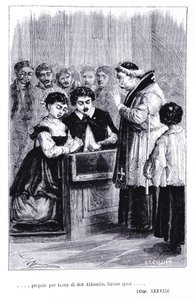 Matrimonio di Renzo e Lucia. Incisione in "I promessi sposi" di Alessandro Manzoni (1785-1873)