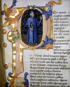 Rappresentazione in una lettrine del poeta Dante Alighieri (1265 - 1321), miniatura del XIV secolo da Unknown artist