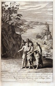 Rappresentazione di Aristippo di Cirene (435-356 a.C.) filosofo greco discepolo di Socrate, dopo il naufragio che lo gettò sulla costa di Rodi, scopre tracce geometriche sulla sabbia. Incisione dal Libro XV degli "Elementi" di Euclide. 1591 da Unknown artist