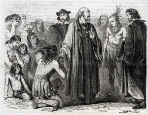 Rappresentazione di Bartolomé de las Casas (1484-1566) sacerdote domenicano, missionario con gli indiani (Ritratto di Bartolomé de las Casas, frate domenicano e protettore degli indiani - incisione del 1860) da Unknown artist