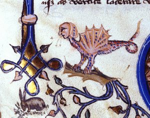 Rappresentazione di un animale fantastico metà uomo metà drago. Miniatura di un manoscritto del XIV secolo da Unknown artist