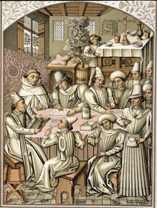 Rappresentazione di funzionari nel XIV secolo. Cromolitografia dal libro dei conti della confraternita 