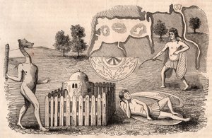Rappresentazione di tribù medievali e specie animali: uomini con orecchie lunghe, uno addormentato, e una chimera con una mazza da Unknown
