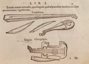 Rappresentazione di strumenti a corda e arciere. Pagina tratta dal manuale pratico di musica Musurgia da Unknown artist