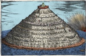 Rappresentazione del Purgatorio secondo la Divina Commedia di Dante Alighieri (1265-1321): il Paradiso terrestre è in cima. Incisione anonima del XVII secolo da Unknown artist