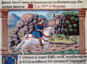 Rappresentazione del navigatore veneziano Marco Polo (1254-1324) a cavallo. Miniatura tratta da "Il Milione" di Marco Polo (1254-1324). 1298. Parigi, Biblioteca dell