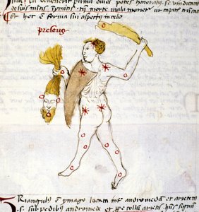Rappresentazione della costellazione di Bouvier (Botes) Il cacciatore Botes tiene in mano i capelli di Berenice. Miniatura da "Astronomica" di Biasino da Parma (Blaise de Parma) (1425-1457) da Unknown artist