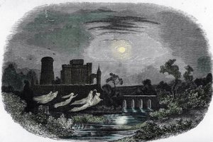 Rappresentazione dei fantasmi degli antichi signori di Blandy che volano intorno alle mura del castello, Blandy-les-Tours, Seine e Marne da Unknown artist