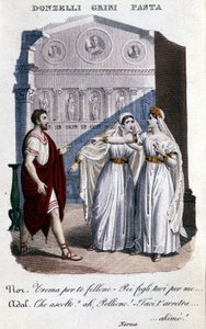 Rappresentazione degli interpreti della prima rappresentazione di "La Norma" di Vincenzo Bellini (1801 - 1835): da sinistra a destra Domenico Donzelli (Pollione), Giuditta Grisi (Adalgisa) e Giuditta Pasta (Norma). 1833 da Unknown artist