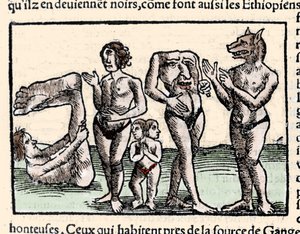 Rappresentazione dei mostri descritti da Amerigo Vespucci (1451-1512): da sinistra a destra: un manopode, un ciclope, un uomo con due teste, un uomo senza testa e un uomo con testa di cane o cinocefalo. Xilografia tratta da 